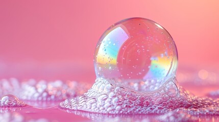 Rainbow soap bubble floating in the air isolated on pink background