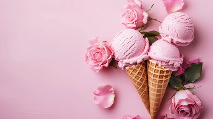 Ice Cream Cones With Pink Roses Flowers on a Pink Background