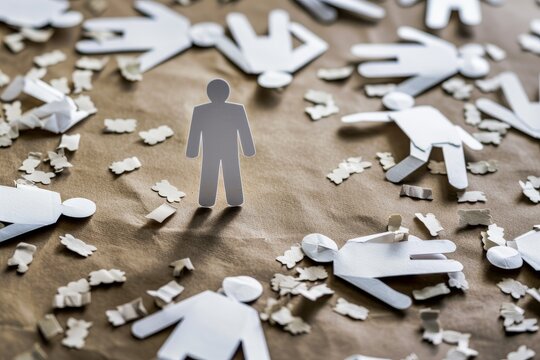 Suicide concept due to discrimination and social pressure and harassment with paper cutouts of little men around. Top view.