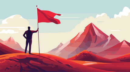 Businessman posing near the mountain with red flag