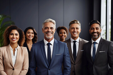 Portrait of successful creative business team looking at camera and smiling. Diverse business people standing together at startup. Group of successful multiethnic business team
