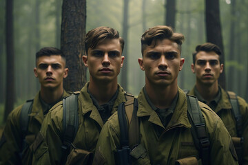 A squad of young boy soldiers in a thick green forest waiting for orders. Memorial Day. Independence Day in America. July 4 - obrazy, fototapety, plakaty