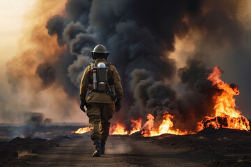 A uniformed fireman is walking in front of the fire. Emergancy servise concept.