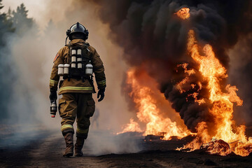 Naklejka premium A uniformed fireman is walking in front of the fire. Emergancy servise concept.