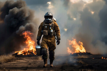 A uniformed fireman is walking in front of the fire. Emergancy servise concept.