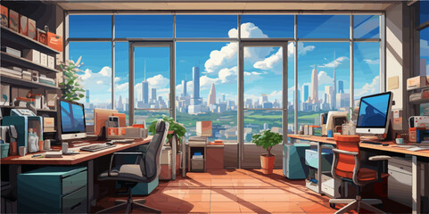 Modern Office Design Overlooking Downtown Skyline vector art