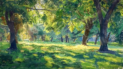 Gentle morning light filtering through the canopy of trees in a public park, illuminating patches of emerald green grass, a serene atmosphere filled with the scent of fresh foliage