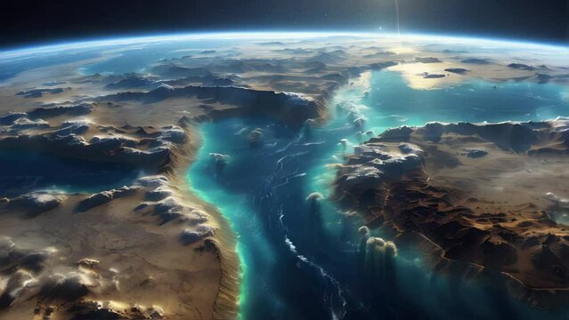 A cosmic dawn illuminates the valleys of a distant planet.
 Generative AI Video. ProRes LT 59.94 FPS available in 4K 16:9.