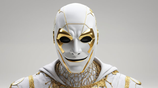 Man Wearing a White Mask With Gold Accents
