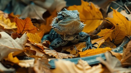 a close up of a small lizard on a pile of leaves with a blue stripe around it's neck.