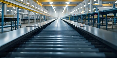 Operating an Empty Conveyor Belt in an Unstaffed Industrial Production Facility. Concept Industrial Automation, Conveyor Systems, Production Line Efficiency, Unmanned Operations
