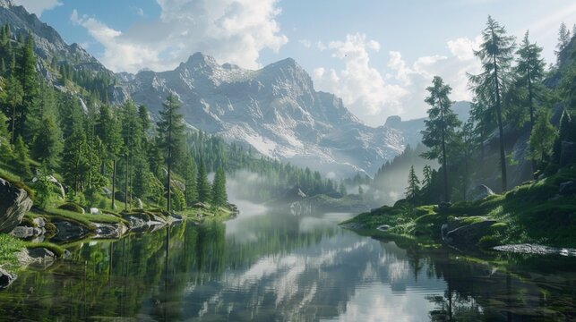 The rugged beauty of the Austrian Alps reflected in a mirror-like lake, a dense forest clinging to the slopes, patches of sunlight breaking through the clouds