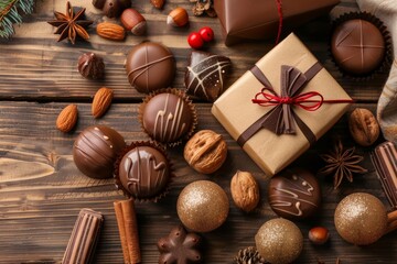 Table with homemade christmas chocolates and sweets and nuts with gift box on wooden table. Top...