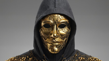 Man Wearing Gold Mask and Black Hood