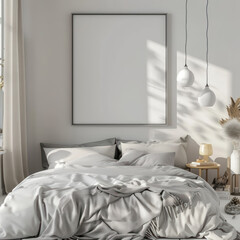 modern cozy bedroom interior with empty frame mock up