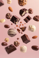 Fototapeta premium Pieces of chocolate and nuts flying in the air on pink background