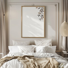modern minimalist bedroom with artistic wall art, frame mock up