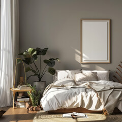 cozy modern bedroom with natural light, frame mock up