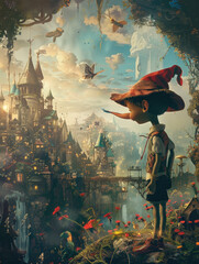 Cartoon Character Pinocchio with a long nose in a fairyland. The character looks at an incredibly beautiful fairy-tale city. Generative AI.