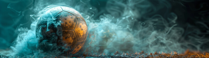 Weathered soccer ball rests on a forgotten field, shrouded in mist. Dark light and green tones, black background. Space for text. - obrazy, fototapety, plakaty
