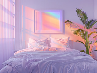 pastel bedroom with holographic rainbow art, bedroom interior design