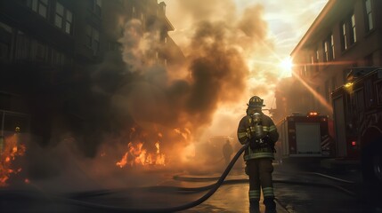 A firefighter directs a water stream at a blazing apartment building at night, with other firefighters and fire trucks visible amidst smoke and emergency lights.