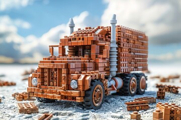 An old truck made of construction debris stands on a white background. 3d illustration