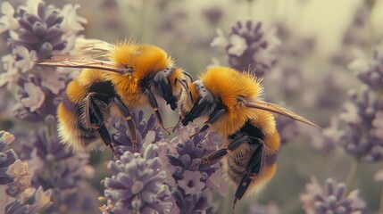 A bumblebee or bee pollinates a flower in spring or summer - obrazy, fototapety, plakaty