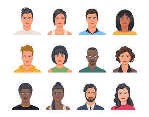 Set of smiling people avatars. Portraits of multiracial men and women expressing positive emotions. Happy characters for social networks. Cartoon flat vector illustrations isolated on white background