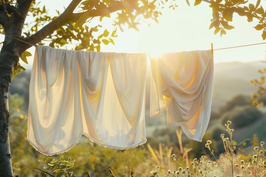White clothes hanging backlit outdoors with sunny landscape background. Horizontal composition.