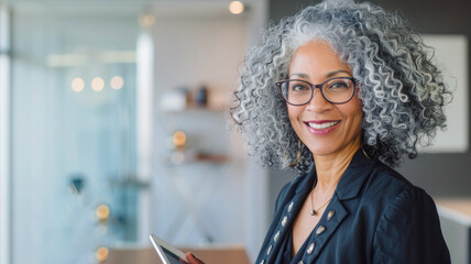 
A professional woman in her mid-40s with curly gray hair and cinematic makeup smiles, holding an iPad near her work desk with a laptop, glasses on, in business attire, against a backdrop of modern gl - obrazy, fototapety, plakaty