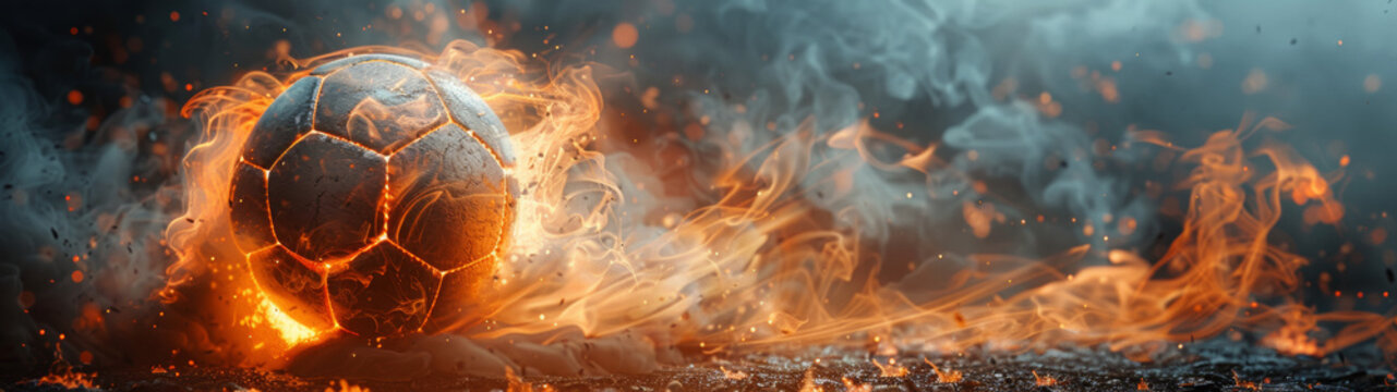 Weathered soccer ball rests on a forgotten field, shrouded in flames and mist. Dark light and orange tones, black background. Space for text.