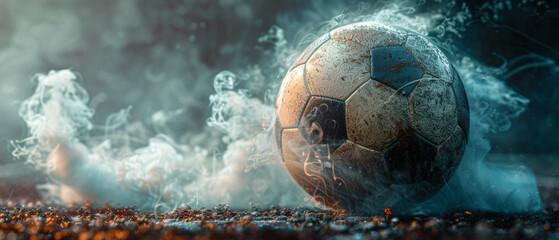Weathered soccer ball rests on a forgotten field, shrouded in mist. Dark light and green tones, black background. Space for text. - obrazy, fototapety, plakaty