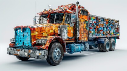 An old truck made of construction debris stands on a white background. 3d illustration