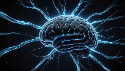 Fototapeta premium Electrifying Cerebral Storm: A Captivating 3D Rendition of the Human Brain with Blue Lightning Bolts