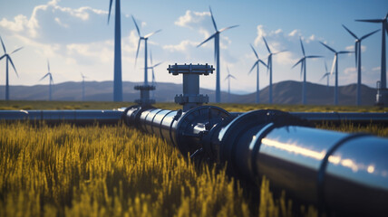 A hydrogen pipeline with wind turbines in the background