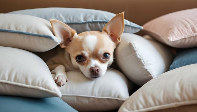 A Chihuahua Peeking Out From A Pile Of Pillows Upscaled 4