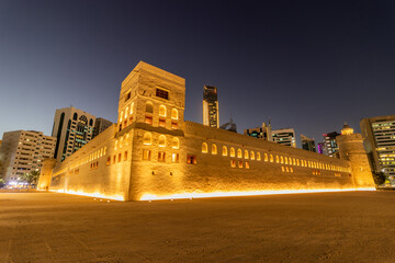 Evening view of Qasr Al Hosn fort in Abu Dhabi downtown, United Arab Emirates.
