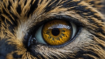 Closeup view of an animal eye showcasing sleek glassy surface of the eye reflecting subtle light. Thick fur around the eye