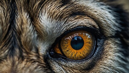 Closeup view of an animal eye showcasing sleek glassy surface of the eye reflecting subtle light. Thick fur around the eye - obrazy, fototapety, plakaty