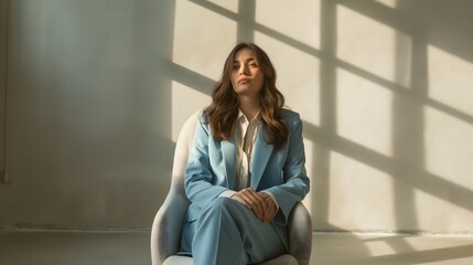 Sie sitzt in einem leeren Raum auf einem weißen Stuhl und trägt einen blauen Anzug, Konzept Model vor Betonwand - obrazy, fototapety, plakaty