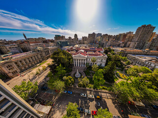 Beautiful aerial footage of the Plaza de Armas, Metropolitan Cathedral of Santiago de Chile,...