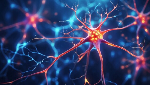 Close up active nerve cells. Human brain stimulation or activity with neurons, level of mind, intellectual achievements, possibility of people's intelligence, development of mental abilities concept, 