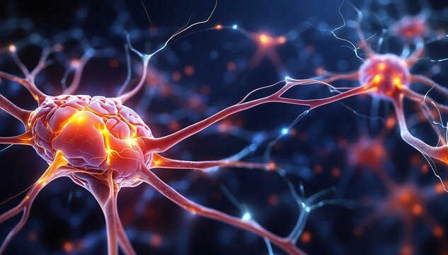 Close up active nerve cells. Human brain stimulation or activity with neurons, level of mind, intellectual achievements, possibility of people's intelligence, development of mental abilities concept, 