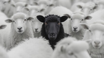 Schwarzes Schaf zwischen vielen weißen Schafen, Konzept Außenseiter, Sündenbock - obrazy, fototapety, plakaty