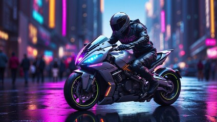 Futuristic Motorcycle Rider: Thrilling Adventures in a Neon Cityscape