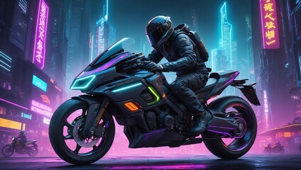 Futuristic Motorcycle Rider: Thrilling Adventures in a Neon Cityscape