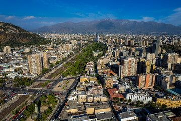 Beautiful aerial footage of the Plaza de Armas, Metropolitan Cathedral of Santiago de Chile, National History Museum of Chile, Central Market and the city of Santiago de  Chile