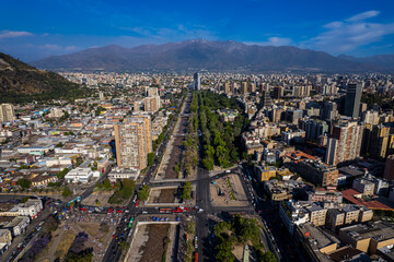 Obraz premium Beautiful aerial footage of the Plaza de Armas, Metropolitan Cathedral of Santiago de Chile, National History Museum of Chile, Central Market and the city of Santiago de Chile