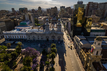 Beautiful aerial footage of the Plaza de Armas, Metropolitan Cathedral of Santiago de Chile,...